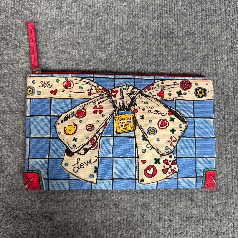 Brighton Love Sparkle Wristlet‎ Clutch Bag Blue Bow Plaid Tile Print